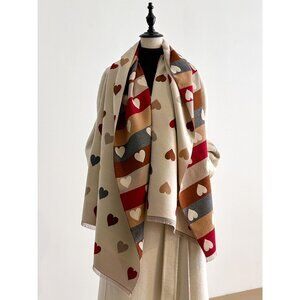 NWT Heart-Patterned Beige & Red Reversible Scarf/Shawl Wrap